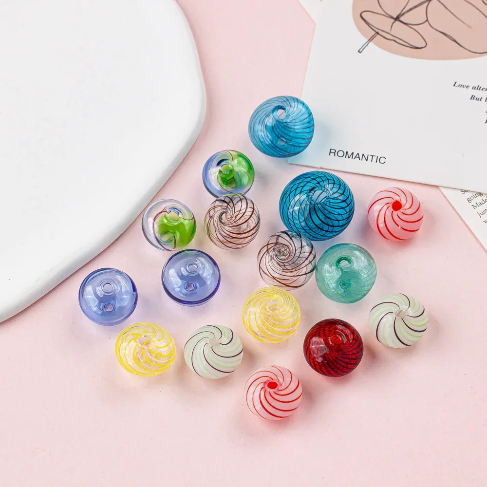 Candy Color Transparent Hollow Glass Flat Round Beads Glazed Striped Straight Hole DIY Earring Bracelet Jewelry Accessories 4pcs