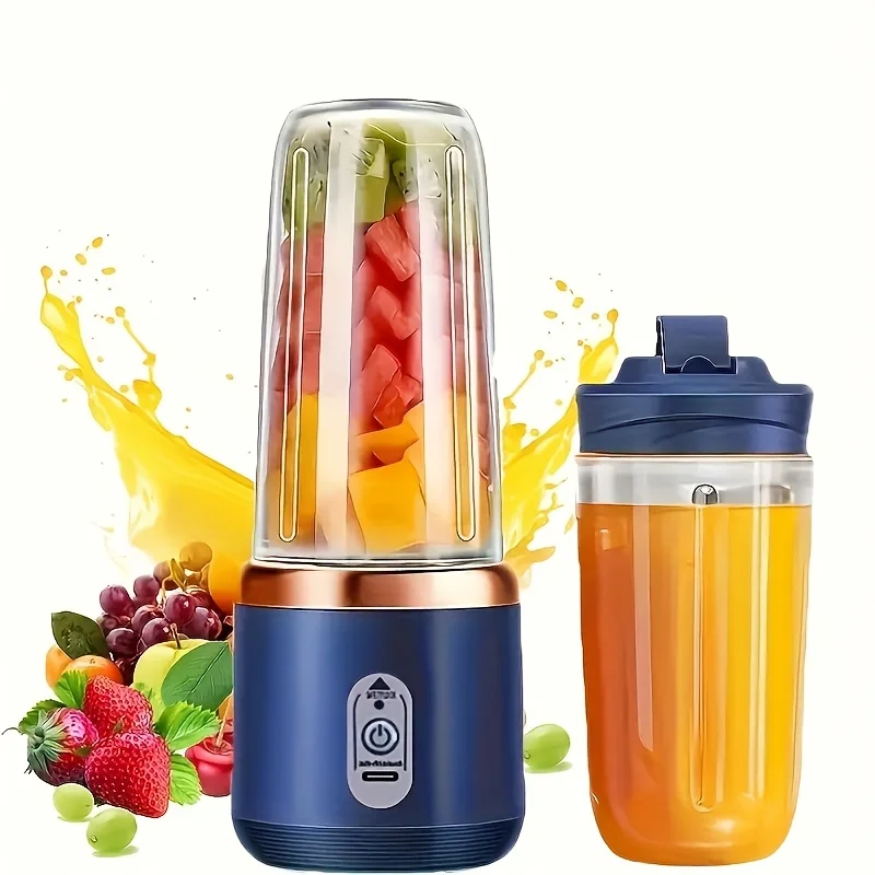 Six-Blade Portable Juicer Cup, Dual Detachable Cups, USB Charging, Easy Clean, for Home Office Travel, Fine Juice