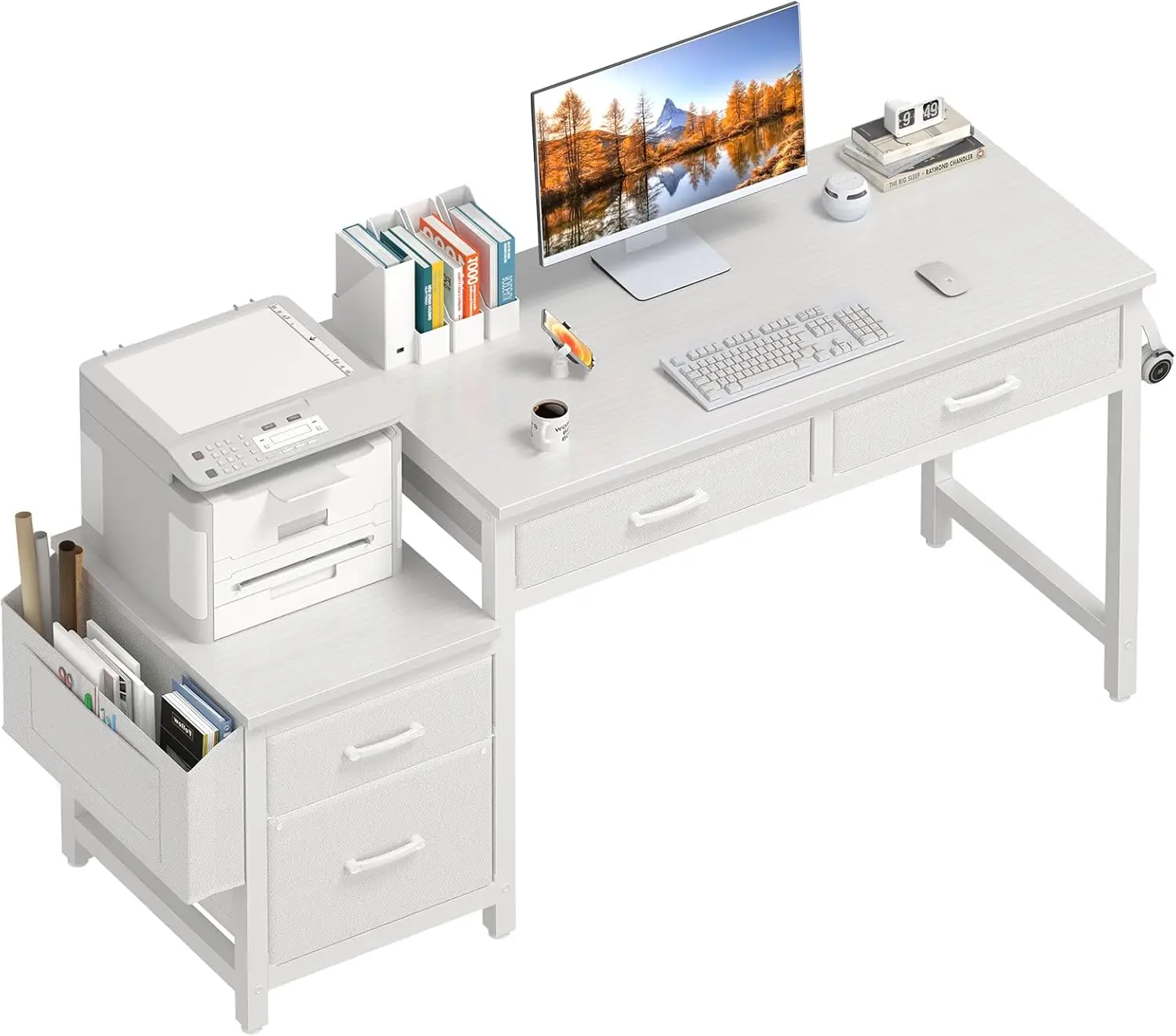White Computer Desk with Fabric File Drawers Cabinet, 57 Inch Home Office Desks with Reversible Filing Cabinet Printer Stand for
