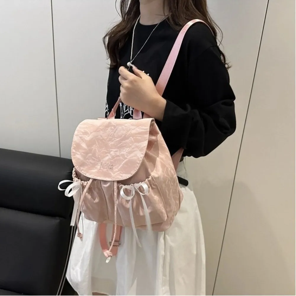 Fashion Cute Knot Women's Backpack Large Capacity Drawstring Students Bookbag Solid Color School Backpack Outdoor