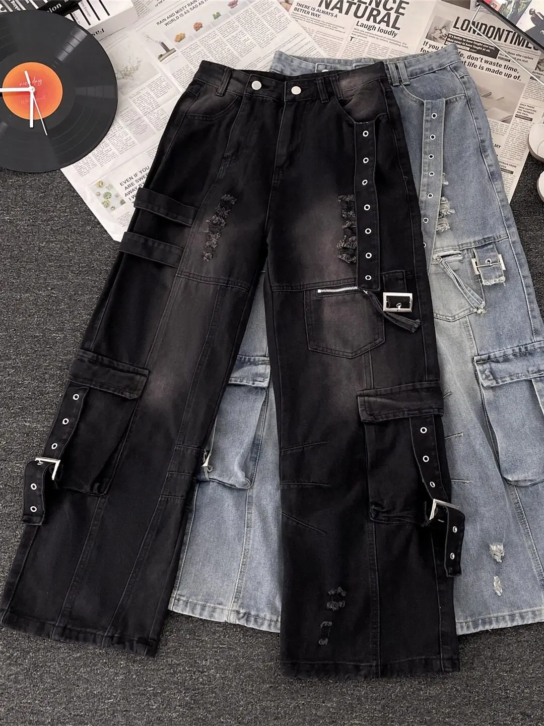 Women's Blue Y2k Cargo Jeans Oversize Grunge Jean Pants Vintage Harajuku Hip Hop Baggy Ripped Denim Trousers Alternative Clothes