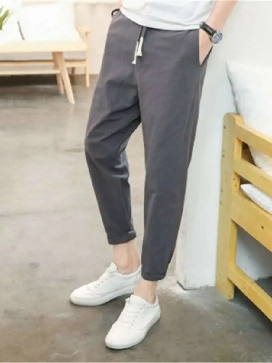 

Men's Slim Fit Harem Pants Summer Thin Casual Trousers Trendy Faion Nine Point Pants mid Waist Length Spring Season