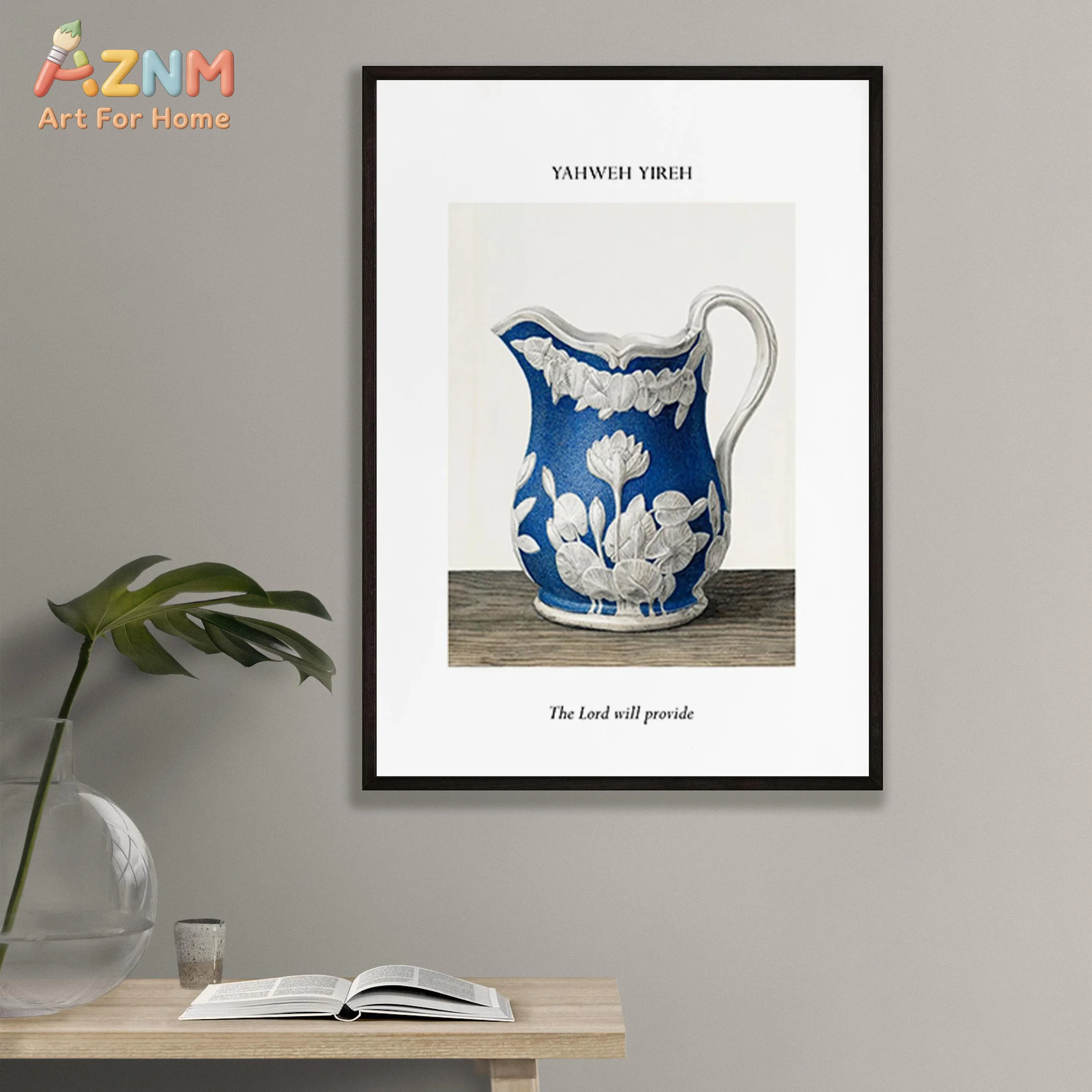 AZNM Vintage Blue White Porcelain Christian Text Canvas Poster, Frameless Classic Chinoiserie Wall Art For Living Room Farmhouse