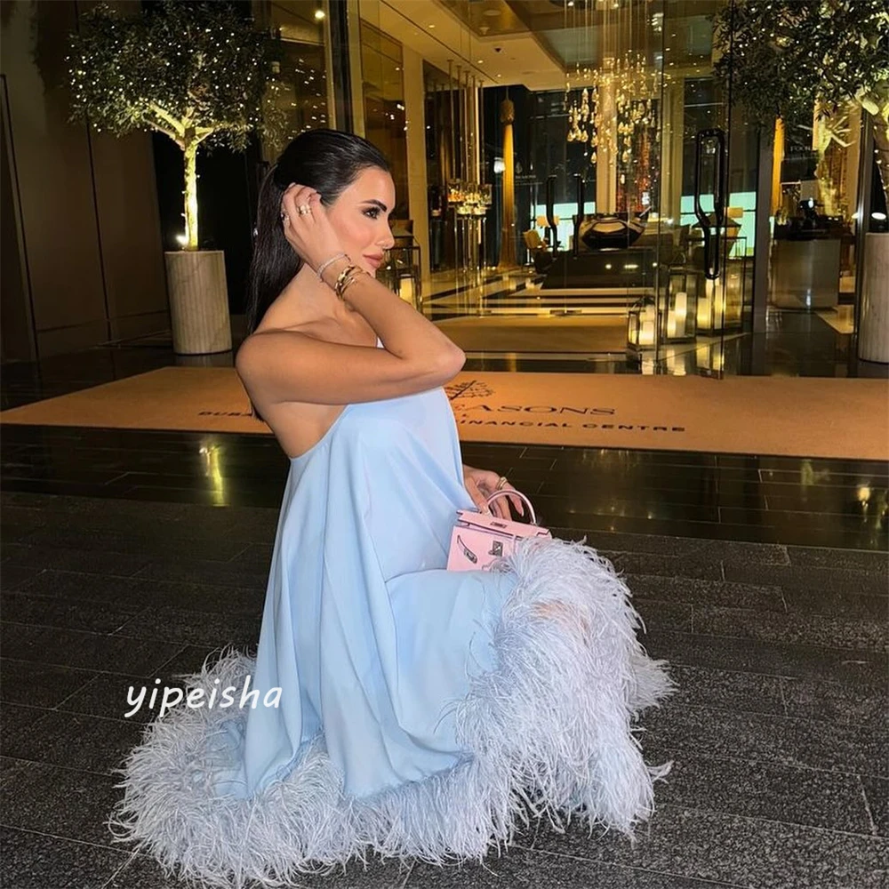 Jersey Feathers Draped Pleat Quinceanera A-line One-shoulder Bespoke Occasion Gown Midi Dresses