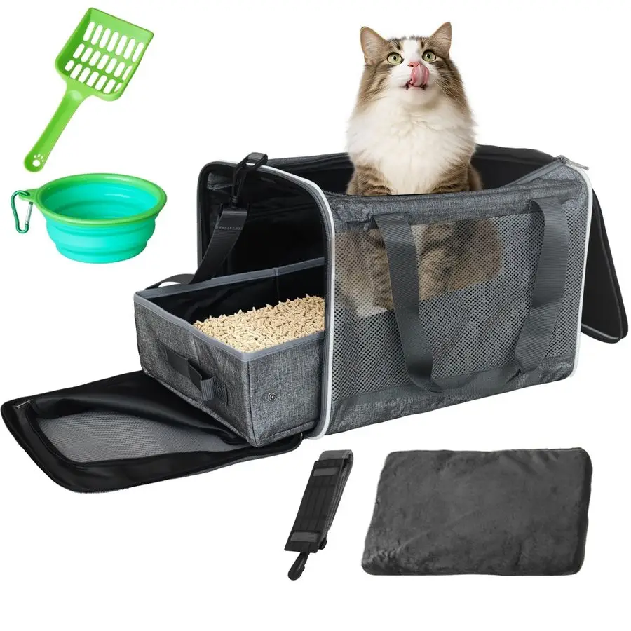 

Cat Travel Carrier Bag with Litter Box, Portable Soft Cat Carrier Bag Lightweight LeakProof Collapsible Litter Box for Cats, Fit