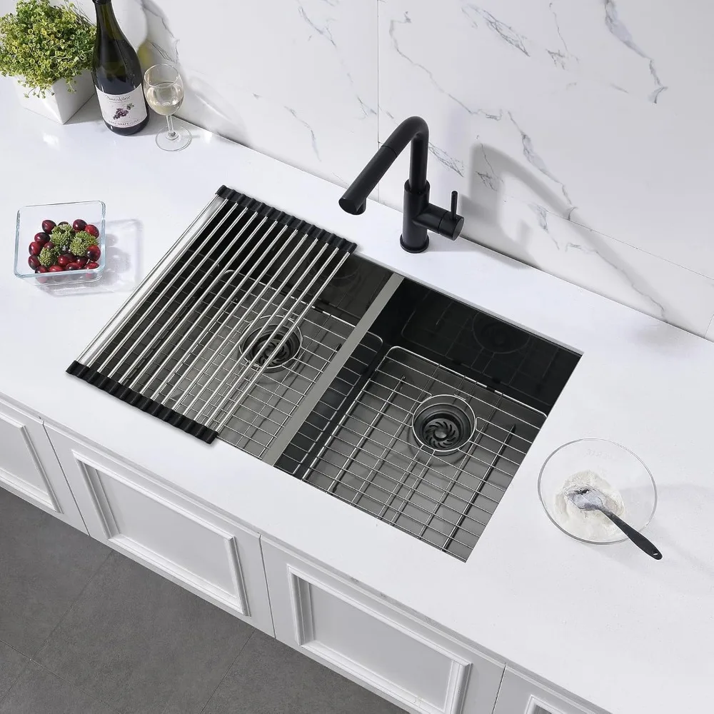

30 Black Undermount Double Bowl Kitchen Sink, 16 Gauge 30 x 19 x10 Inches T304 Black Stainless Steel Double Bowl Kitchen Sink