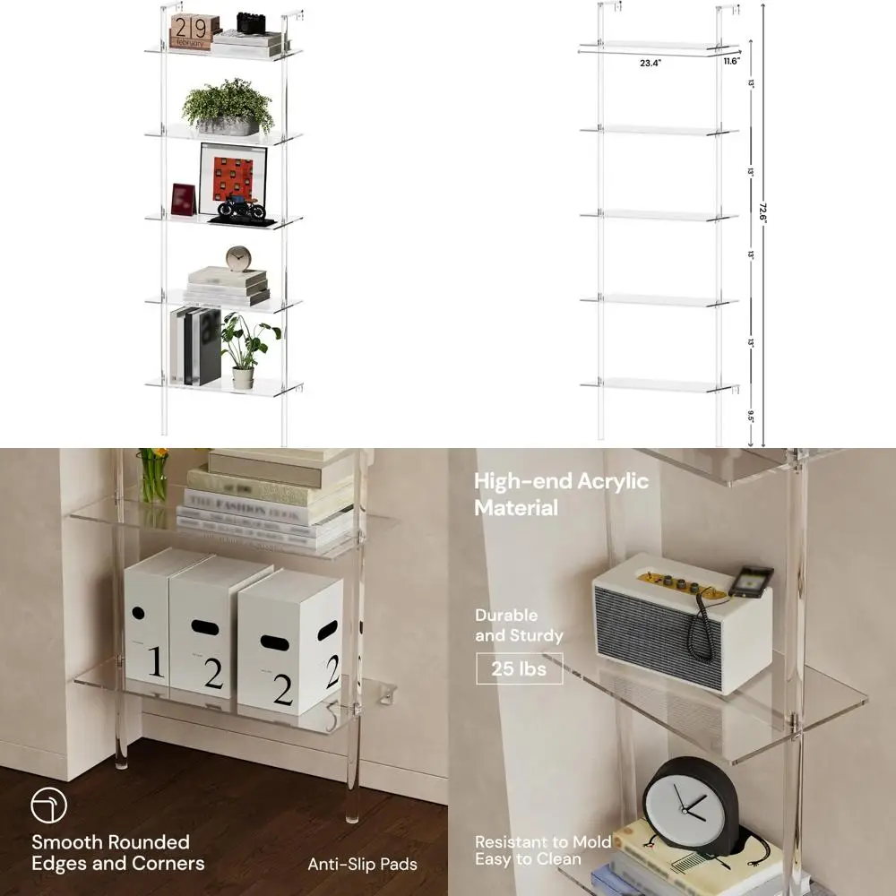 

5-Tier Clear Acrylic Wall-Mounted Bookshelf for Multipurpose Use in Living Rooms and Bathrooms