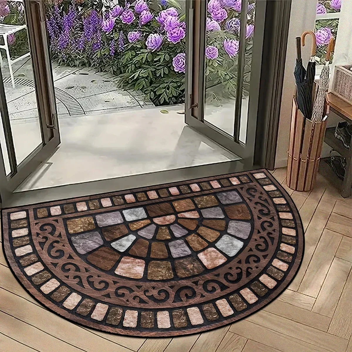 Vintage Stone Pebbled Welcome Mat Non Slip Half Moon Door Rug for Home Decor Living Room Bedroom Entrance Gift for Rustic Style