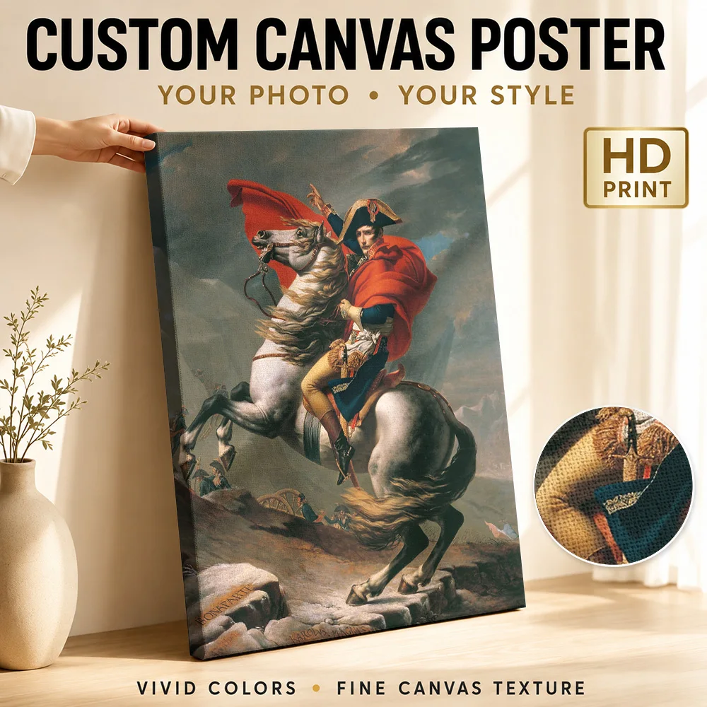 Napoleon Crossing the Alps Framed Canvas Poster Custom Modern Aesthetic Canvas Wall Art for Office Hallway Decor Ready to Hang
