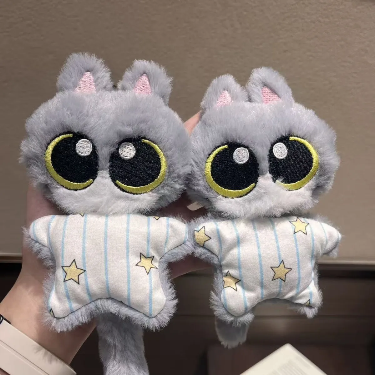 High-value Striped Pajama Kitten Doll Keychain, Soft Cute Grey Big-eyed Star Cat Plush Pendant, Gift for Girls