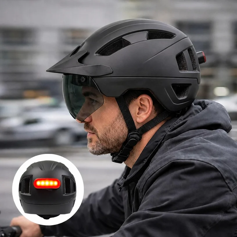 E-Bike Helmet Adult Urban Cycling Helmet Integrated Molding with LED Turn Signals & Magnetic Visor for Riding