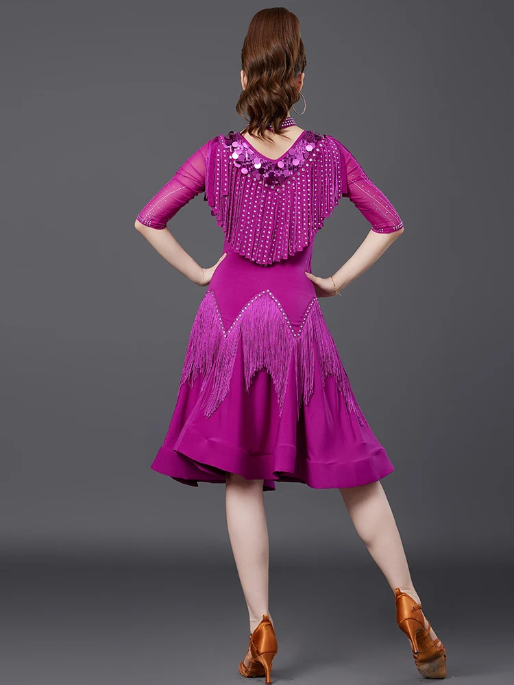 2025 novo vestido de dança latina competição profissional vestido flor feminino adulto desempenho borla trajes de dança 7222