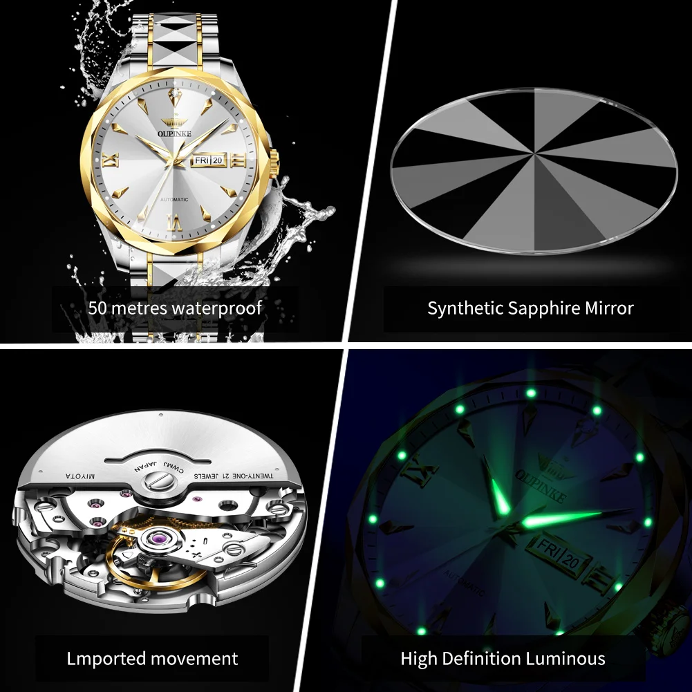 OUPINKE 3315 Mens Watch Tungsten Steel Automatic Mechanical Watch﻿ Waterproof Luminous Week Date Watches For Man Luxury Gift