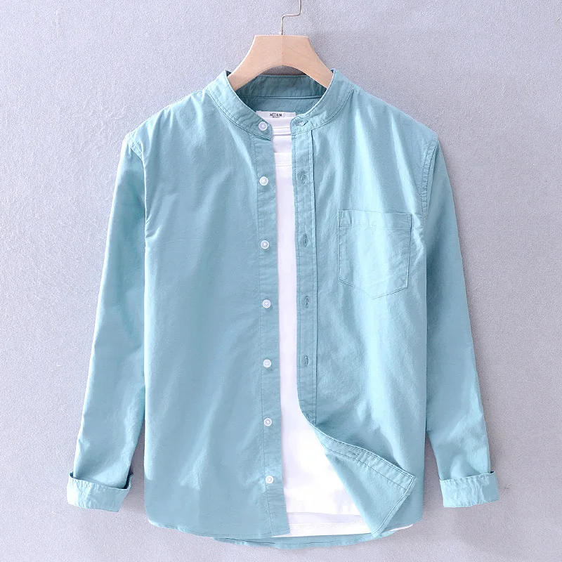 Spring and Autumn Oxford Casual Stand Collar Shirt Men's Cotton All-Matching Comfortable Long Sleeve White Solid Color Shirt