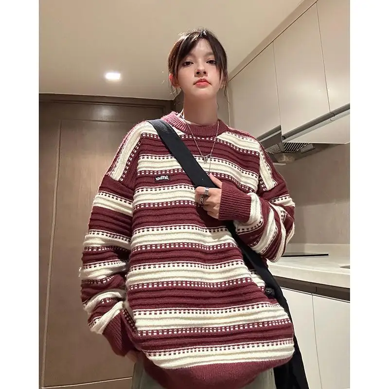 

American Retro Striped Knitwear Loose Long Sve Boting Sweater Couple Casual Sle Spring Autumn Seasonal Comfortable Fit