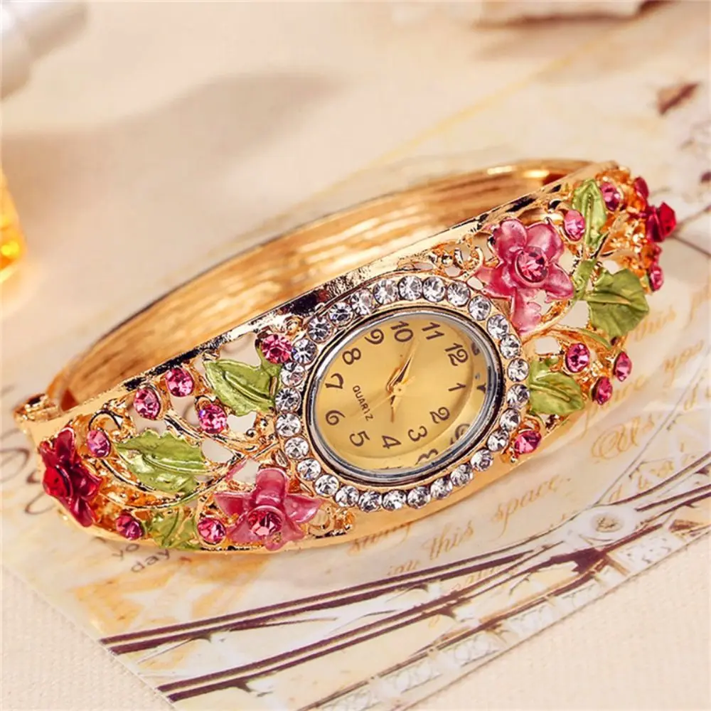 

Винтажные часы Rich In Flowers с браслетом из стразов, кварцевые часы с кристаллами, универсальный дизайн, круглый циферблат
