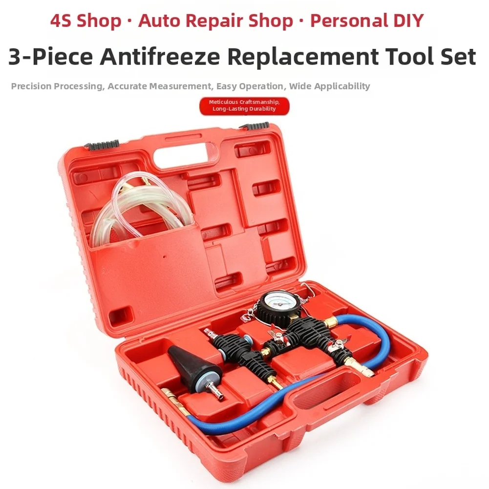 3 Piece Cooling System Pressure Test Kit Designed for Radiator Leak Detection and Vacuum Refill in Car Maintenance