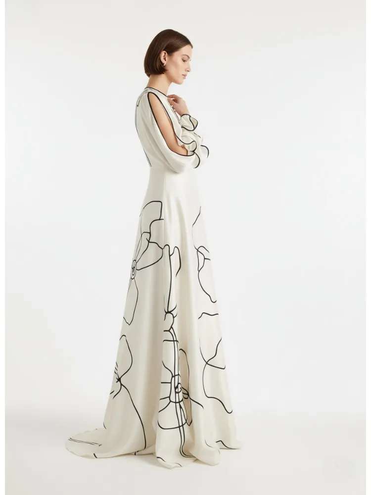 2026 Women White Black Line Printed Maxi Dress Round Neck Ruffle Sleeve High Waist A Line Pleated Stylish Party Dress - view 6