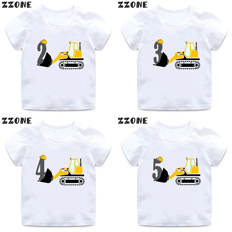 Excavator Car Print Cartoon Boys Clothes 1 2 3 4 5 6 7 8 9 Years Happy Birthday Number Kids T shirt Funny Baby Girls T-Shirts