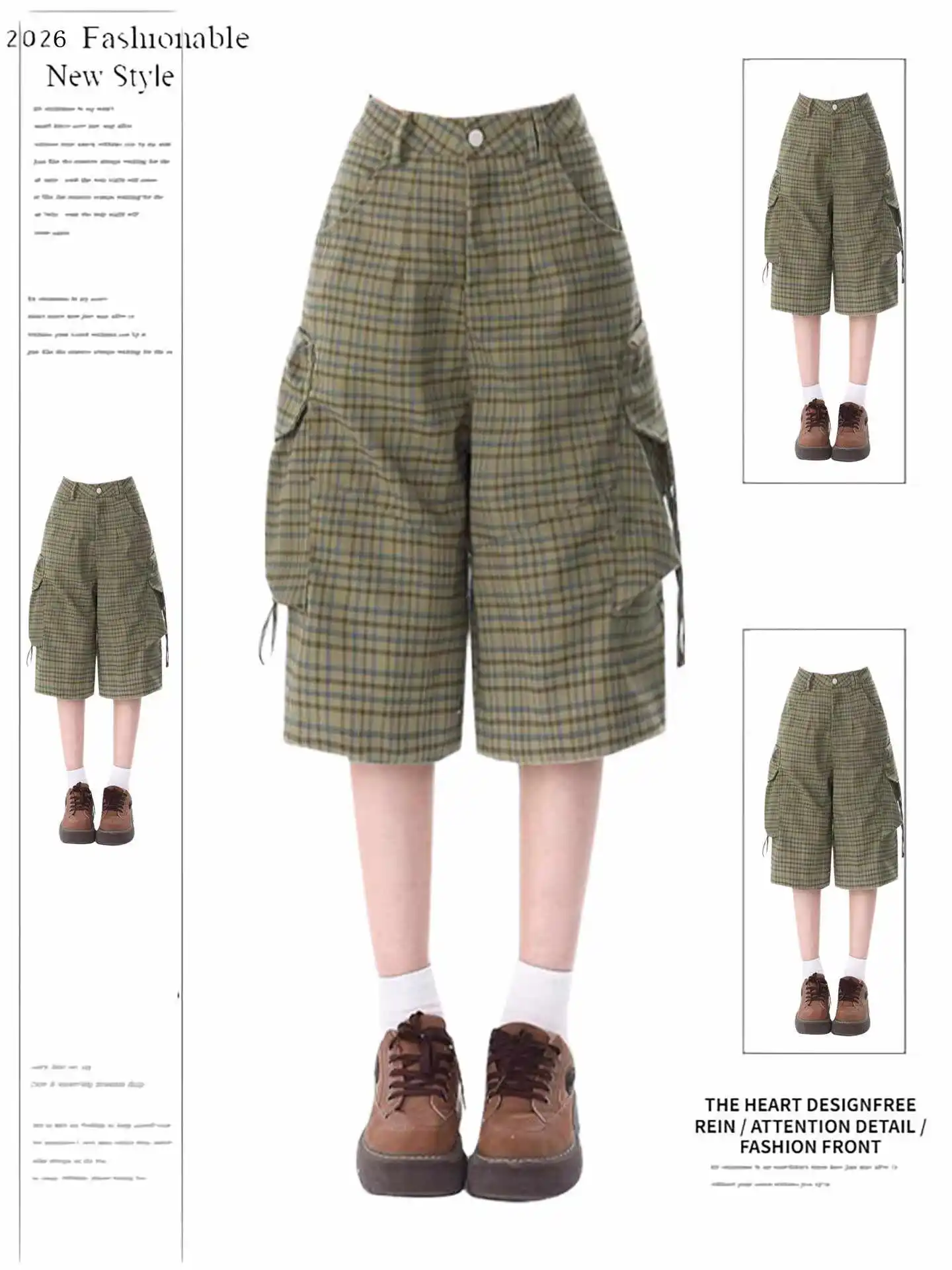 

Женские американские ретро-брюки в клетку до икр, длинные брюки в стиле High Street 2000-х годов, корейские шорты Y2K, японские свободные повседневные брюки в стиле Харадзюку