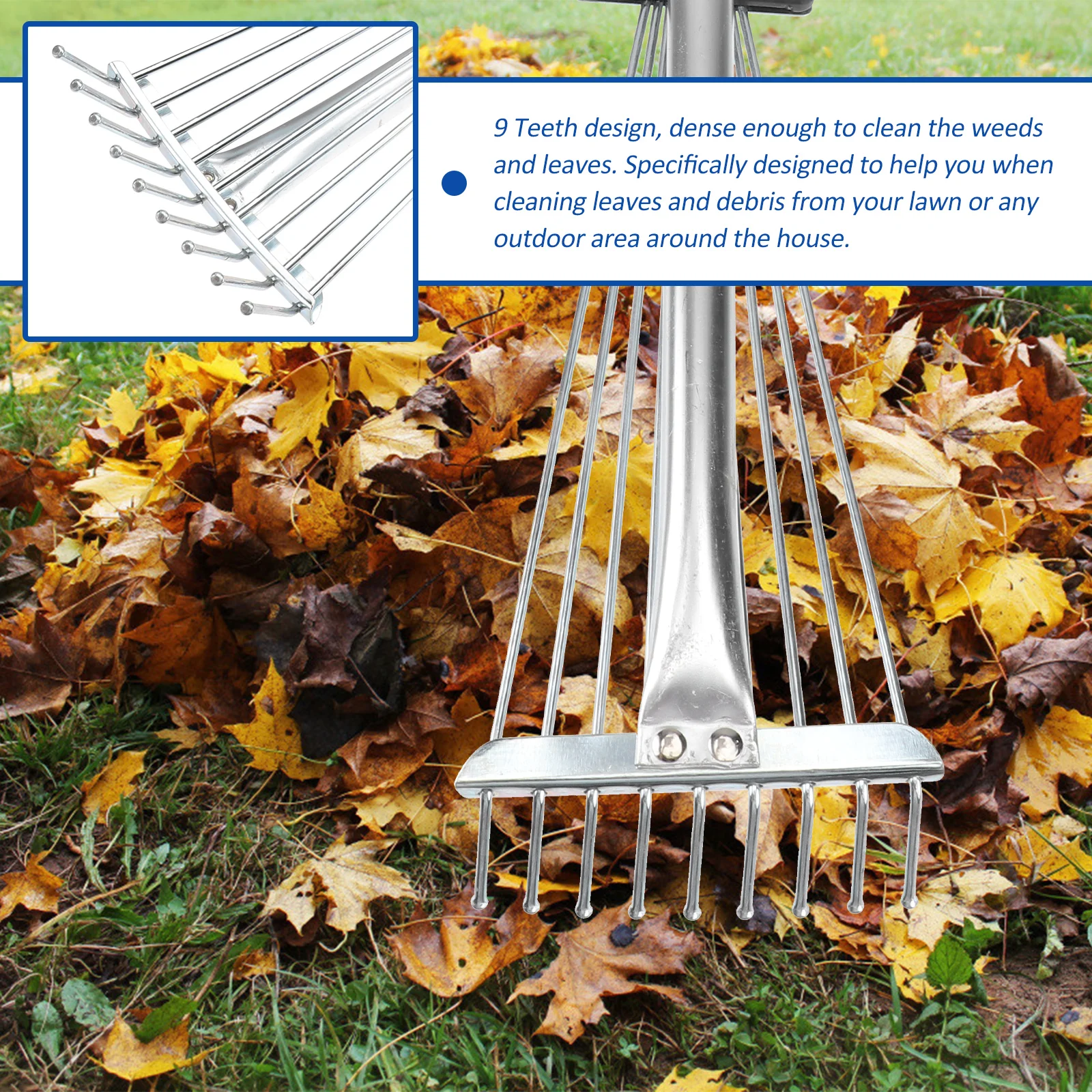 

Retractable Garden Rake Adjustable Leaf Tools Metal Yard Lawn Cleaning 9 Teeth Sturdy Non Slip Aluminum Practical Farm Solution