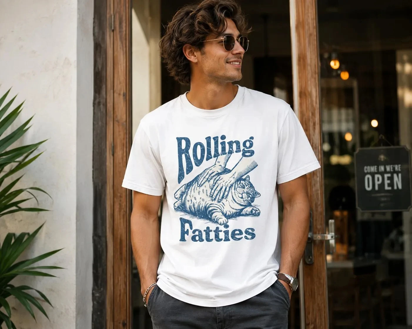 Rolling Fatties Cat Illustration T-Shirt | Vintage Blue Print Y2K Retro Style Fashion Trend  Casual and Comfortable High-Quality