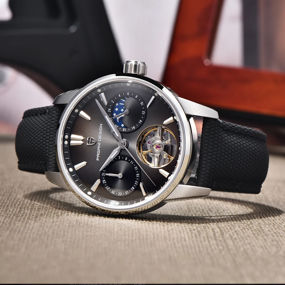 PAGANI DESIGN 2025 جديد الطيار 41 مللي متر ساعة ميكانيكية للرجال الياقوت الزجاج Moonphase الجلود 10bar مقاوم للماء reloj hombre