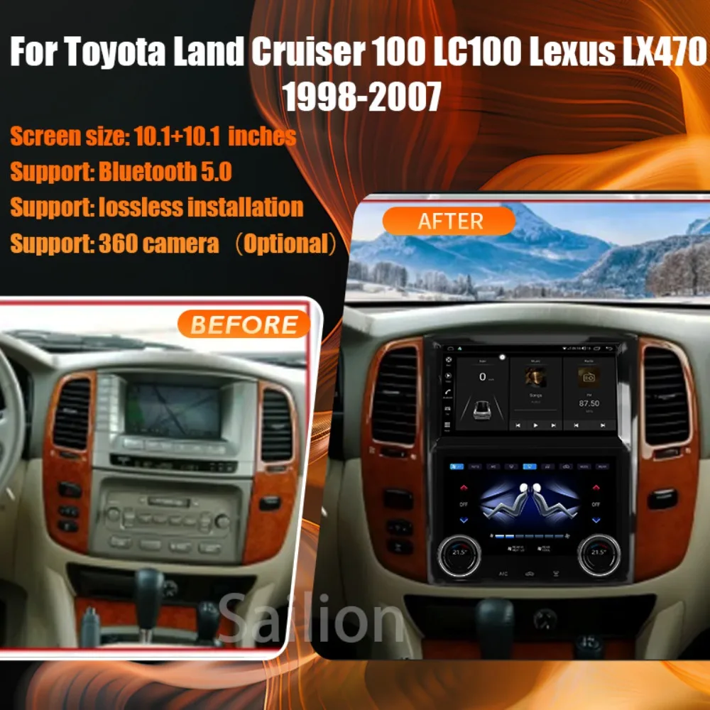 Android15 Car Radio For Toyota Land Cruiser 100 LC100 Lexus LX470 1998-2007 Multimedia Player Top and Bottom Screens Car Stereo
