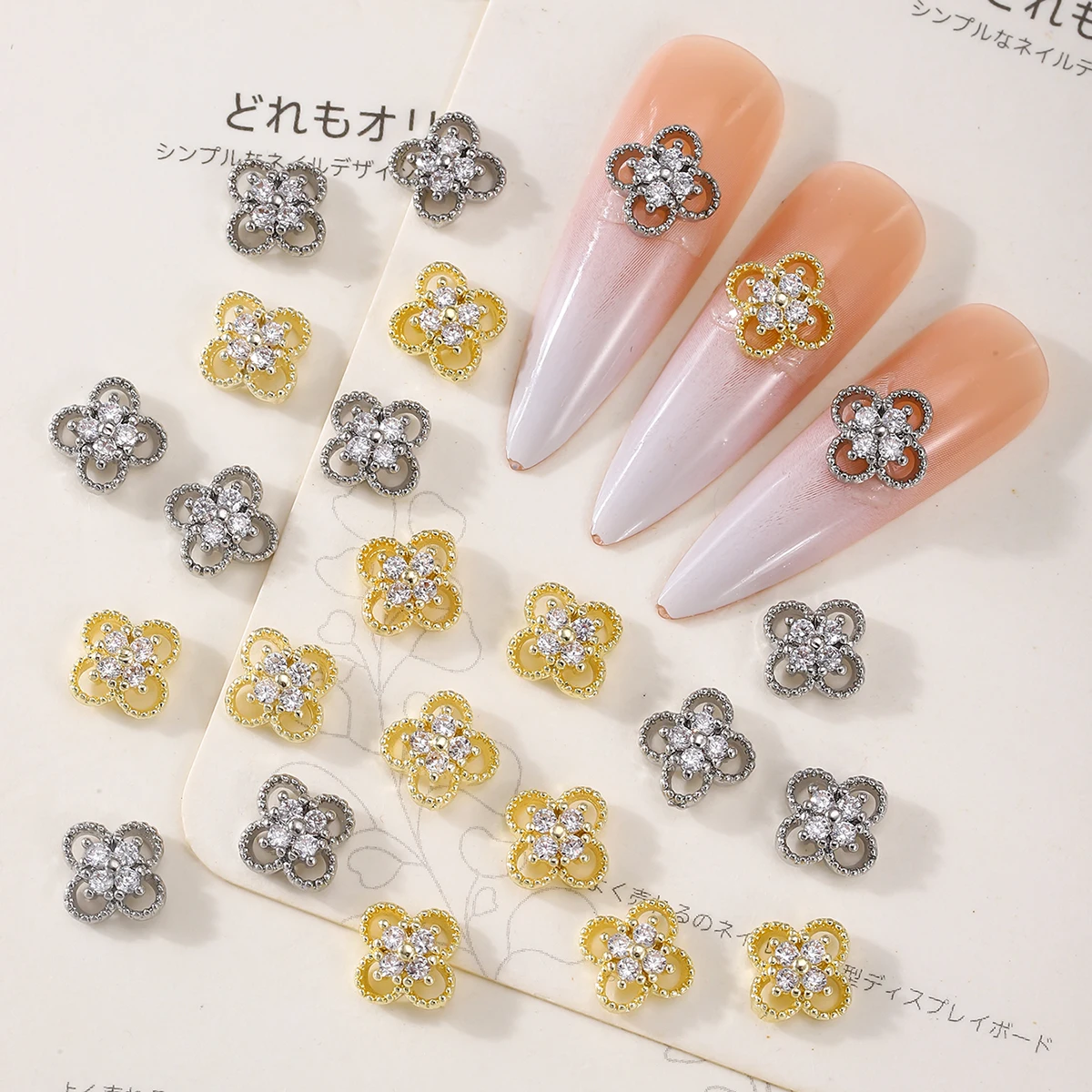 6 pcs hollow four-leaf clover nail accessories y2k metal style nail decoration, Japanese ins style diy nail flash metal diamond