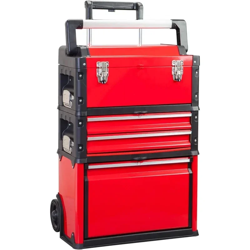 Garage Workshop Storage Box:Portable Steel and Plastic Stackable Rolling Upright Draw-Bar Toolbox,Belt 3 Drawer,