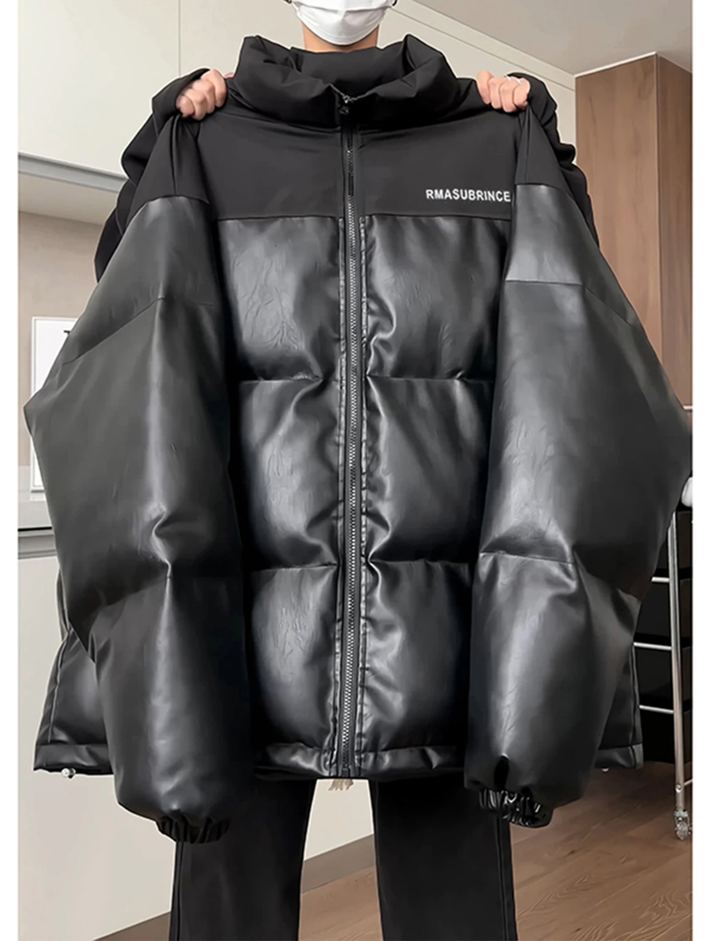 

American Sle Men's PU Leather down Jaet Hip Hop Trendy Brand Cotton Outerwear High Street Splicing Bread Cotton Padded Coat