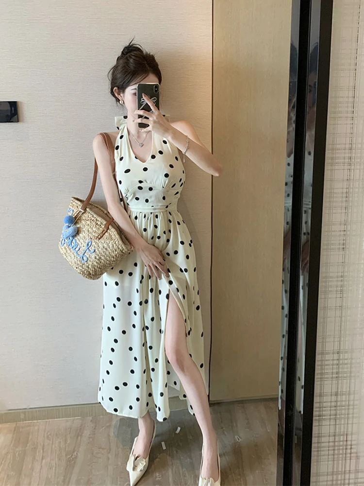 Polka dot temperament bow versatile suspender dress fashionable temperament V-neck hanging neck women\'s clothing Summer