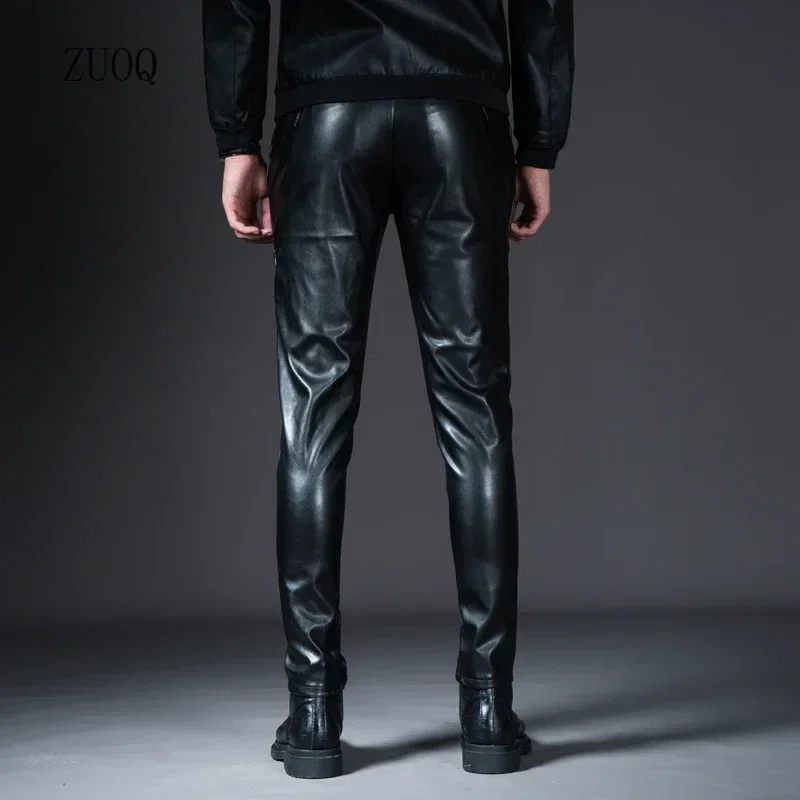 Winter New Men\'s Skinny Biker Faux Leather Pants Fashion Motorcycle Trousers for Male Stage Club Wear
