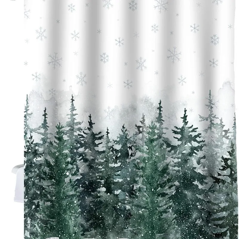 Watercolor Misty Fir Forest Light Blue Snowflake Winter Bathroom Shower Curtain No Drilling Hooks Included 12 Pcs