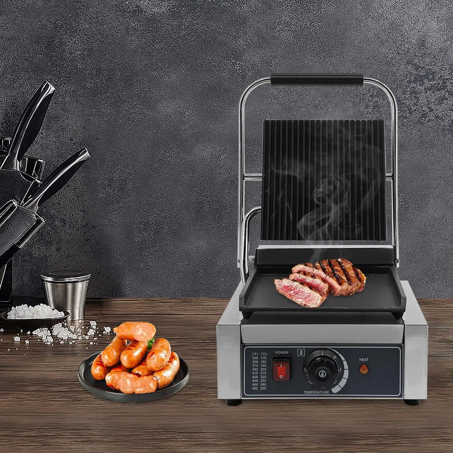 شواية بانيني التجارية بقدرة 1800 وات ماكينة صنع الساندوتشات الكهربائية المصنوعة من الفولاذ المقاوم للصدأ مع التحكم في درجة الحرارة و9 بوصة × 9 بوصة غير