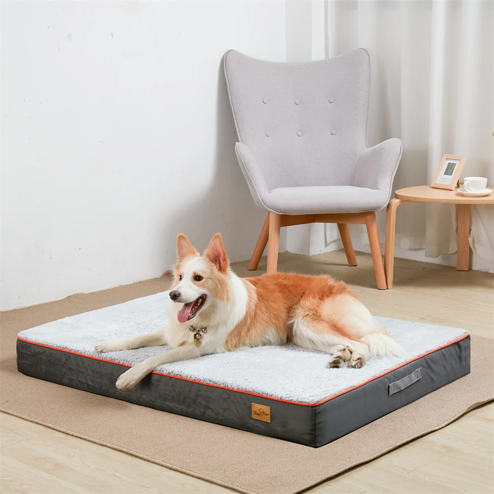 Premium Large Orthopedic Memory Foam Dog Bed Waterproof Pet Dog Crate Jumbo Mattress with Orange Trim Washable Water Resistant