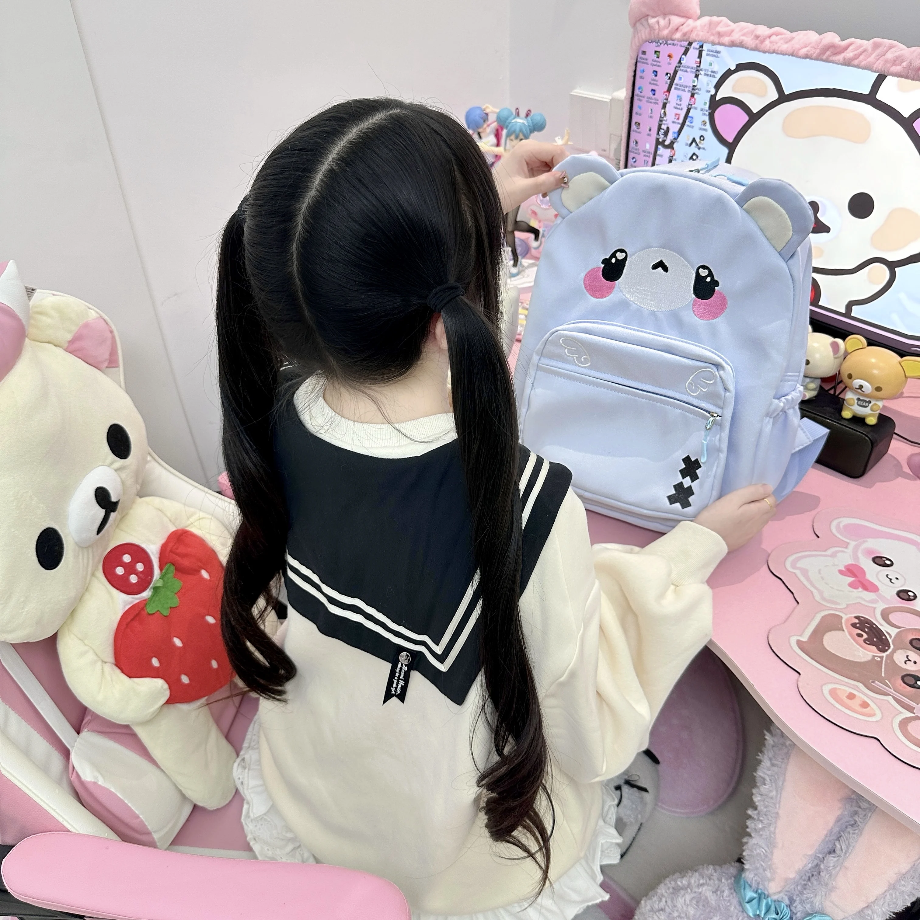 Cute Japanese Style Soft Girl Embroidered Watercolor Bear Female Student Daily Backpack School Bag Kawaii Backpack Women