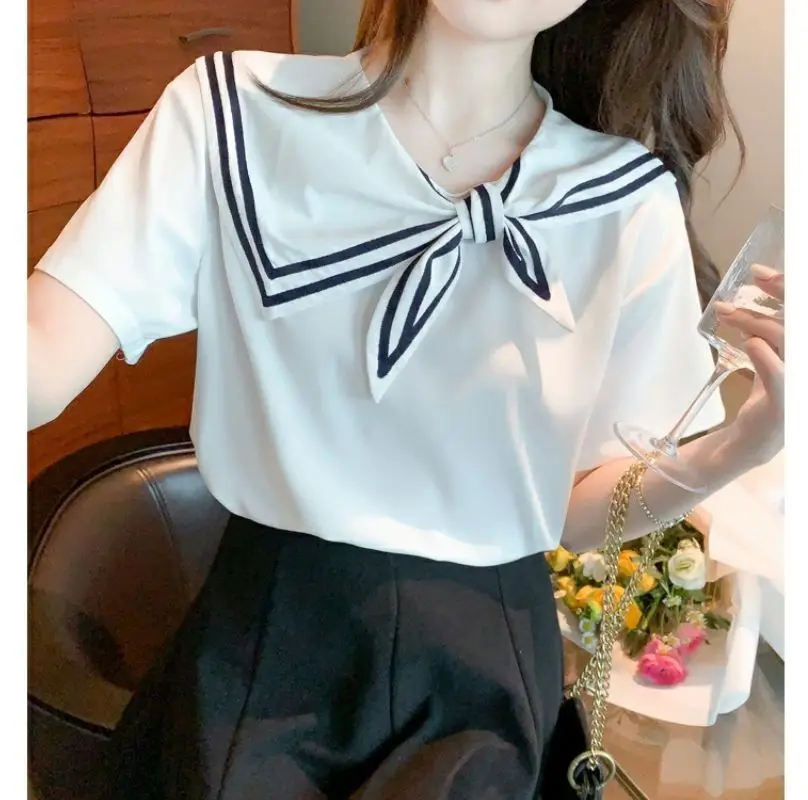 Women\'s Solid Color Summer 2024 New Preppy Style Commuter Sailor Collar England Bow Drawstring Loose Short Sleeved T-shirts Tops