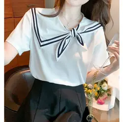 Women's Solid Color Summer 2024 New Preppy Style Commuter Sailor Collar England Bow Drawstring Loose Short Sleeved T-shirts Tops