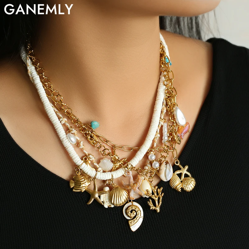 

GANEMLY 316L Stainless Steel Starfish Shell Pearl Necklace for Women 18K Golden Plated Ocean Style Beach Waterproof Jewelry New