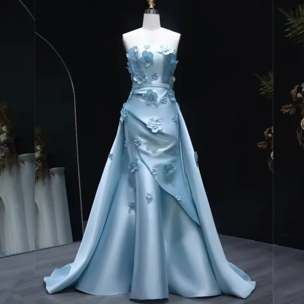 

Customized Elegant Exquisite Charmeuse Flower Pleat A-line Strapless Long Dresses Bespoke Occasion Classic