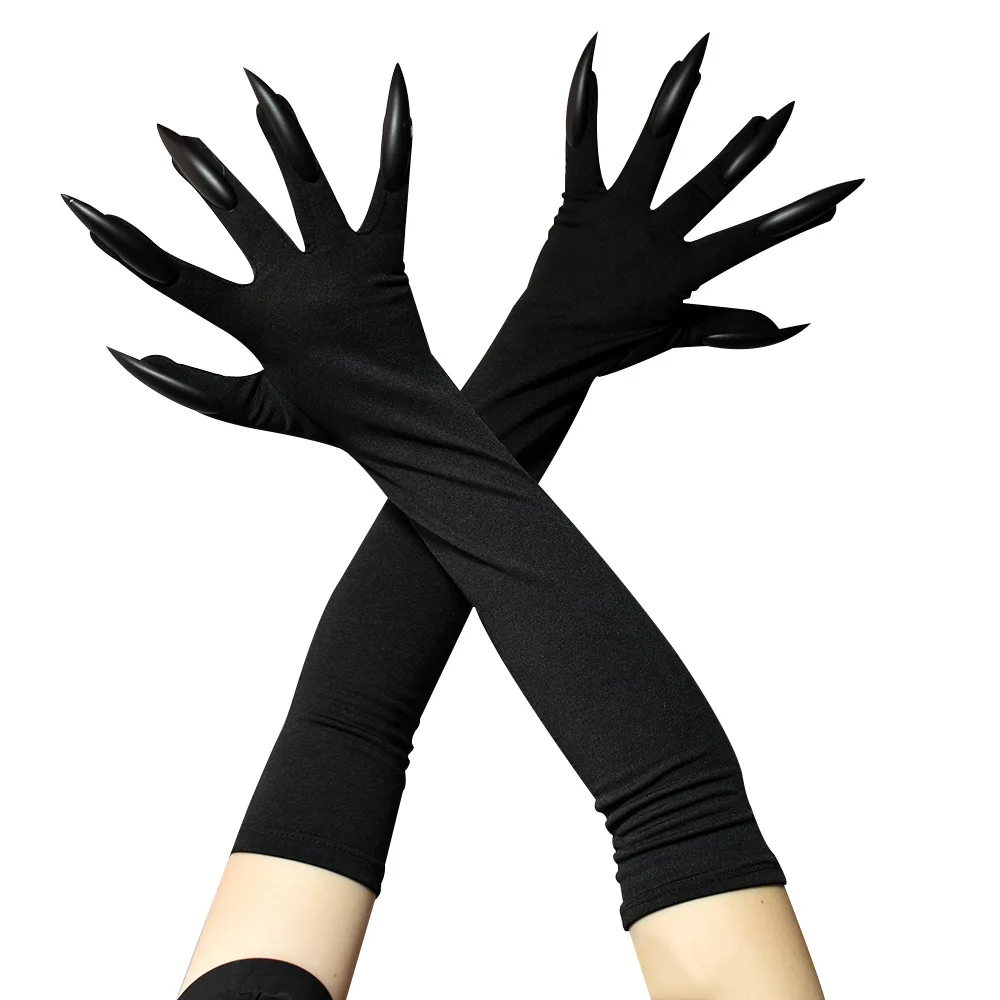 New Halloween Makeup Witch Nail Ghost Cat Demon Paw Gloves Cosplay Black Elastic Satin Stage Performance Long Mittens Women