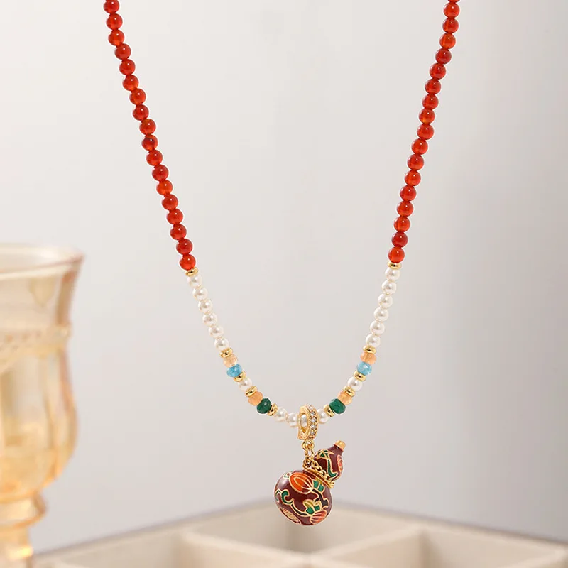 

Chinese-style Red Enamel Gourd Natural Stone Beaded Necklace for Women Retro Exquisite Temperament Versatile Long Sweater Chain