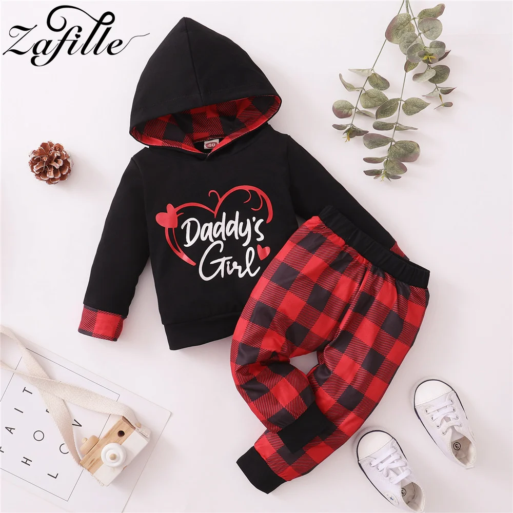 ZAFILLE Mädchen Baby Mit Kapuze Top + Plaid Hosen \