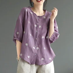 Shirts Women Cotton Floral Embroidery Vintage Loose Basic Half Sleeve Casual Single Breasted Korean Fashion Blouse Women Tops