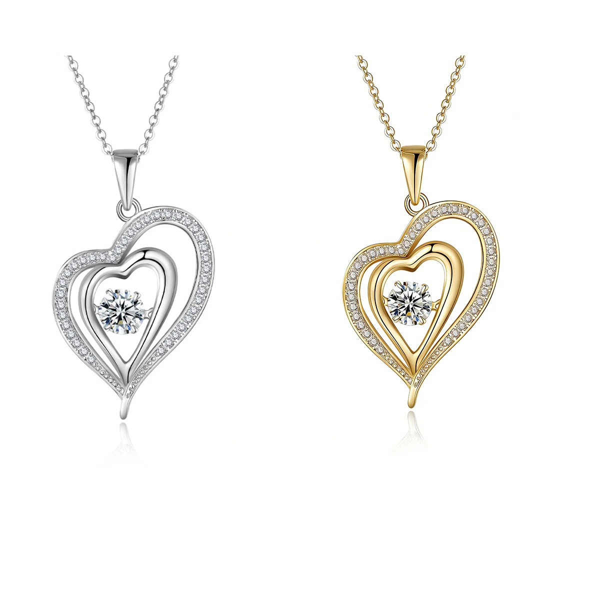 S925 Silver Plated 18K Gold Round Moissanite Diamond Smart Double Heart Necklace Main Stone 6.5mm/1.0ct