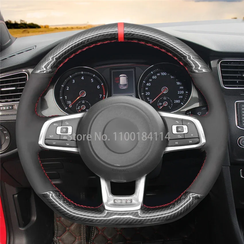 Hand-Sewn PU Carbon fiber Leather Car Steering Wheel Cover for Volkswagen VW Golf 7 GTI T-Roc Passat Variant (R-Line) Tiguan