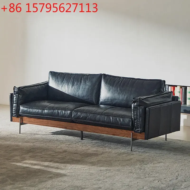 

All leather solid wood sofa first layer cowhide black cowhide retro three-person sofa