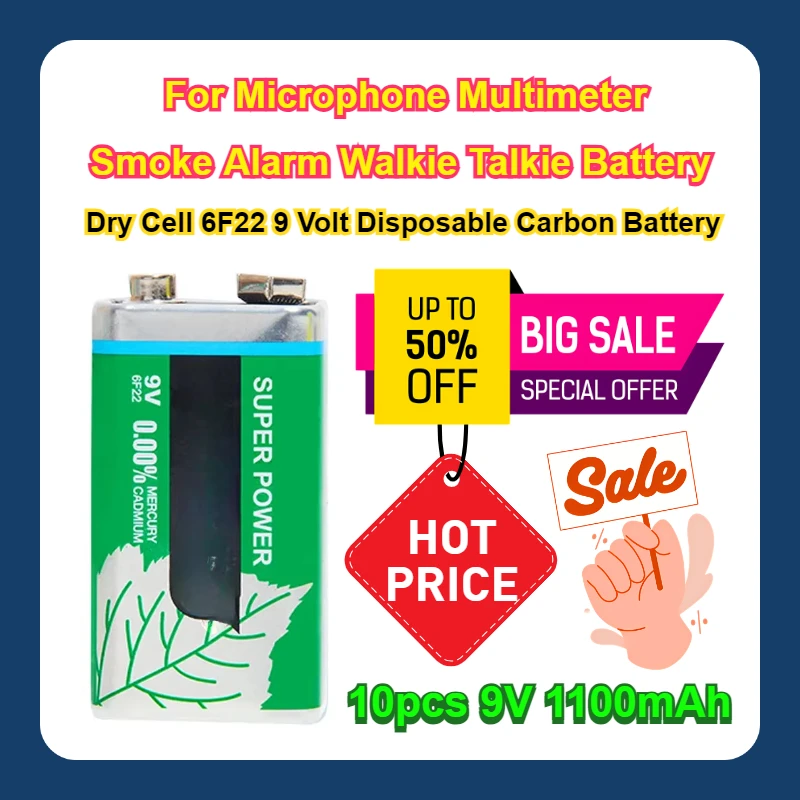 10pcs 9V 1100mAh Dry Cell 6F22 9 Volt Disposable Carbon Battery For Microphone Multimeter Smoke Alarm Walkie Talkie Battery