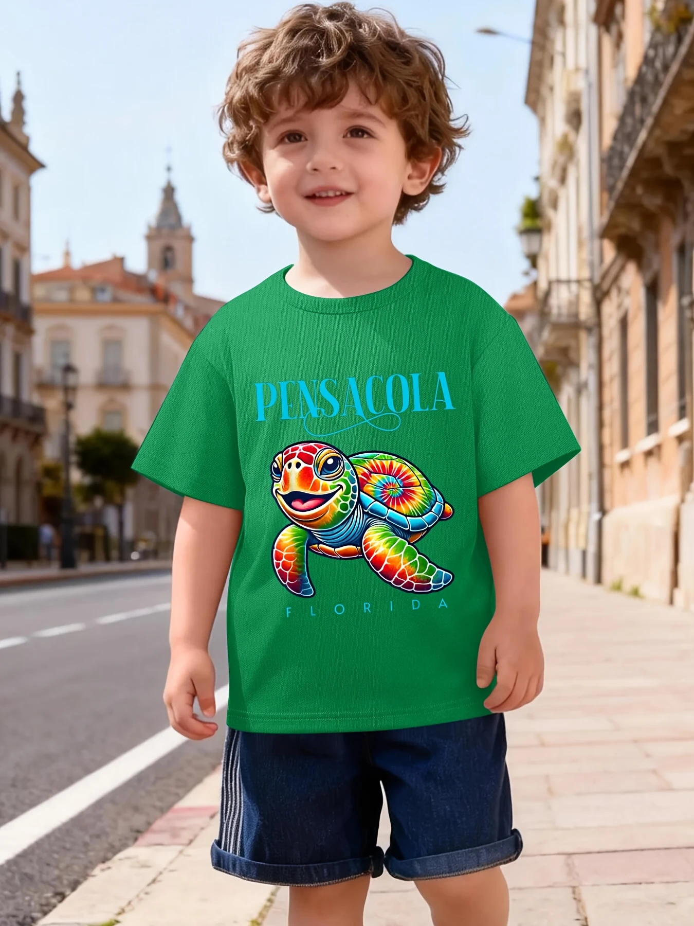 Colorful Sea Turtle Pensacola Florida Letter Graphic Print T Shirt Family Matching Boys Girls Kids Short Sleeve Daily Tees